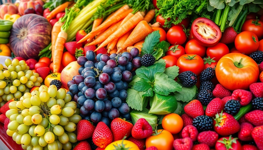 Colorful fruits and vegetables rich in anticancer compounds.
