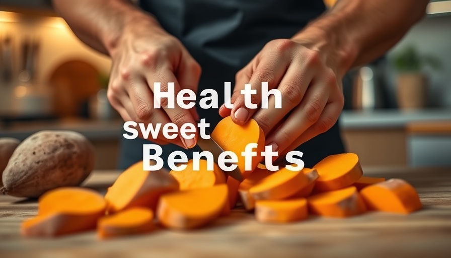 Hands slicing sweet potatoes with health facts, kitchen setting.