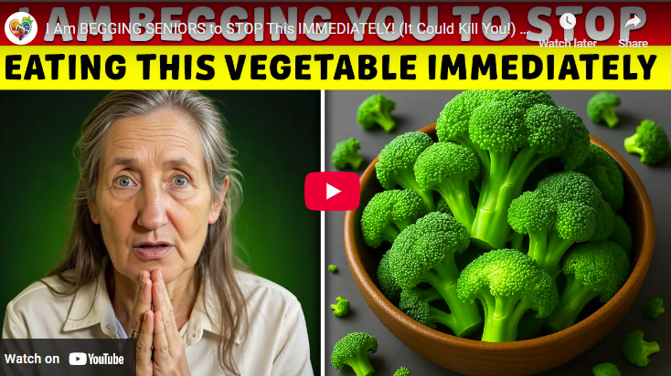 Heart health tips for seniors: concerned woman with broccoli and warning text.