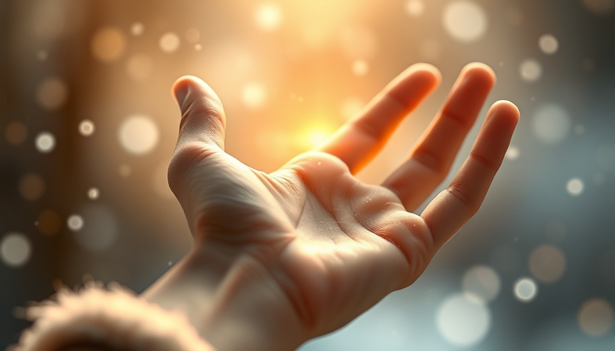 Ethereal hand offering guidance, soft glow and snowflakes in spiritual scene.