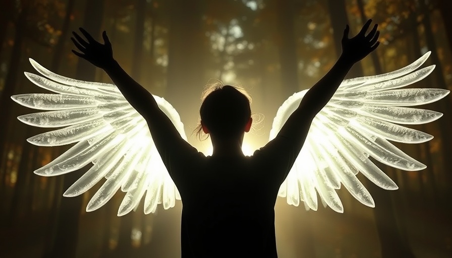 Silhouette embracing angelic light in a mystical forest.