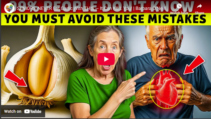 Garlic mistakes for seniors; exaggerated expressions, health warning.