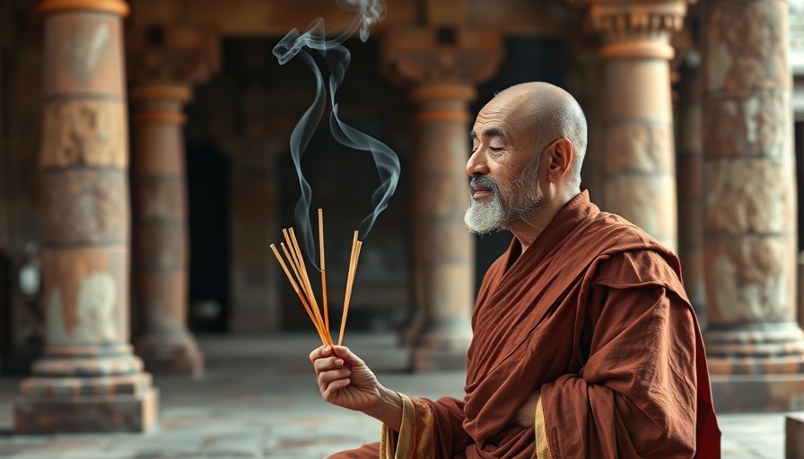 528 Hz Meditation Music setting with a meditating monk and incense.