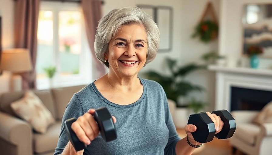 Older woman exercising to combat age-related muscle loss in cozy living room.