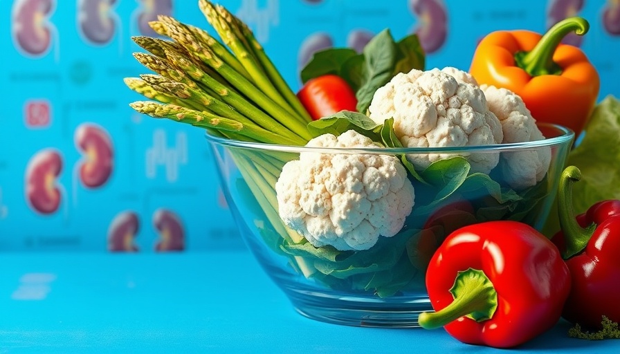Colorful vegetables promoting kidney health in educational illustration.