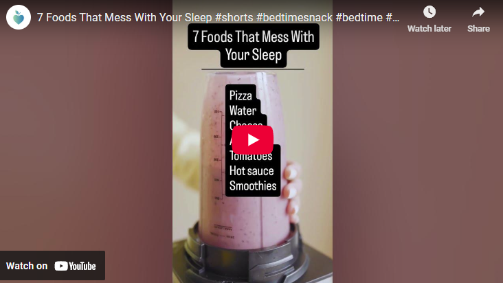 Pink smoothie in blender with sleep-disrupting foods listed.