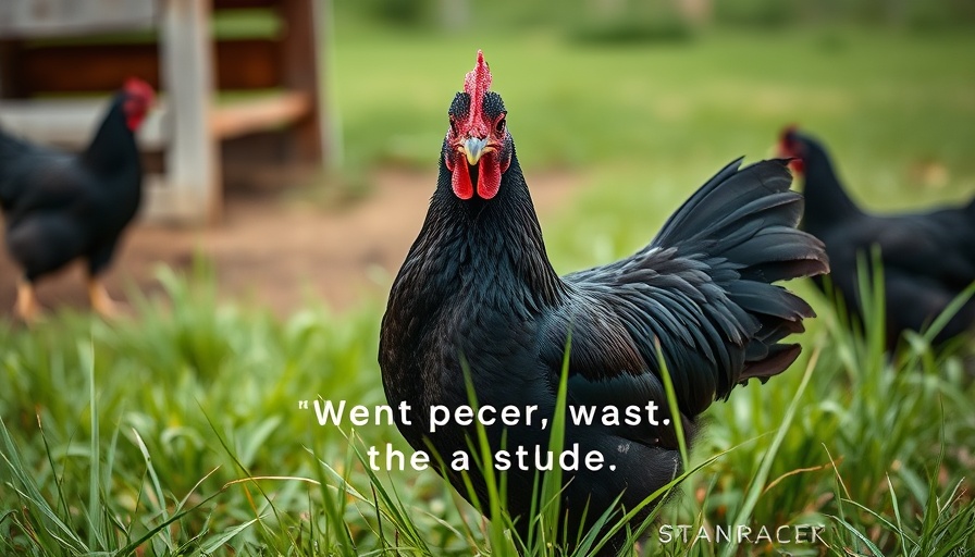 Embracing Authenticity Revolution: black chicken with motivational text in grass.
