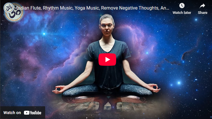 Meditating woman in space with cosmic background.