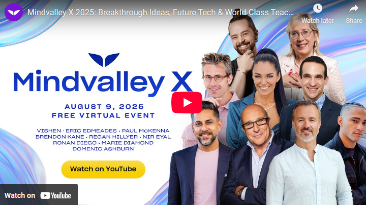Mindvalley X 2025 event speakers posing energetically with futuristic backdrop.