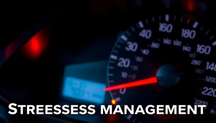 Close-up of car speedometer with stress-related humor text.