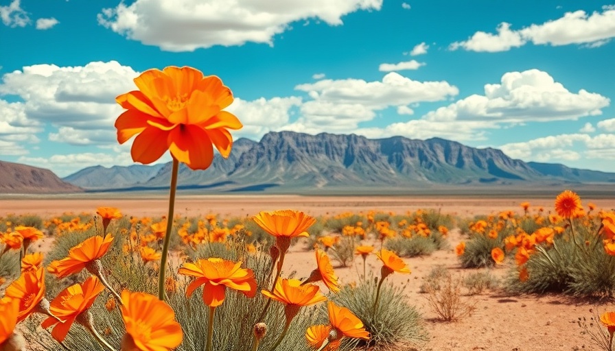 Vibrant desert scene with orange flowers and distant mountain, 'Asking Questions Is Dangerous'.