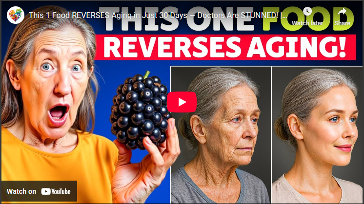 Reverse aging with food concept illustrated by older woman holding blackberry with transformation.