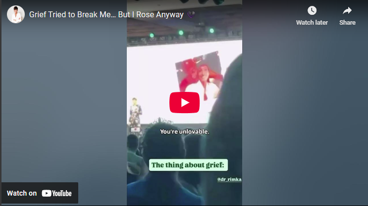 Grief Tried to Break Me presentation in a crowded auditorium.