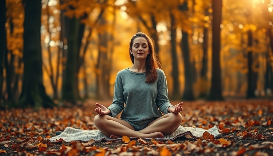 432 Hz Autumn Meditation - Woman meditating in an autumn forest with falling leaves.
