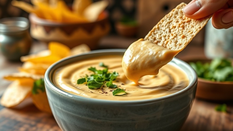 Creamy vegan queso with tortilla chips, showcasing the benefits of plant-based eating in a cozy kitchen.