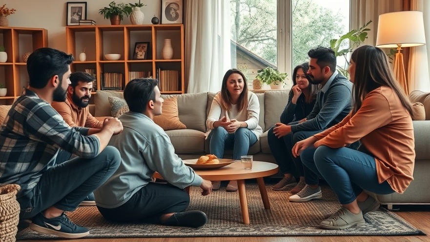 Casual group discussing longevity fitness benefits while squatting in a cozy living room.