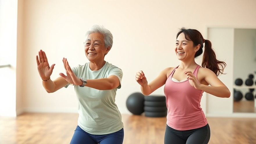 Cheerful Asian senior woman and daughter engaging in seniors fitness for mobility.