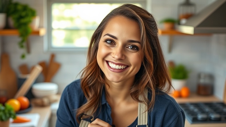 Woman in vibrant kitchen sharing beauty hacks for nutrition and emotional health.