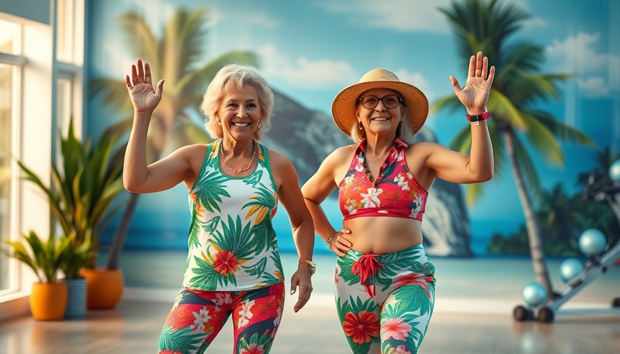 Indoor island workout for adults featuring two women in tropical setting.