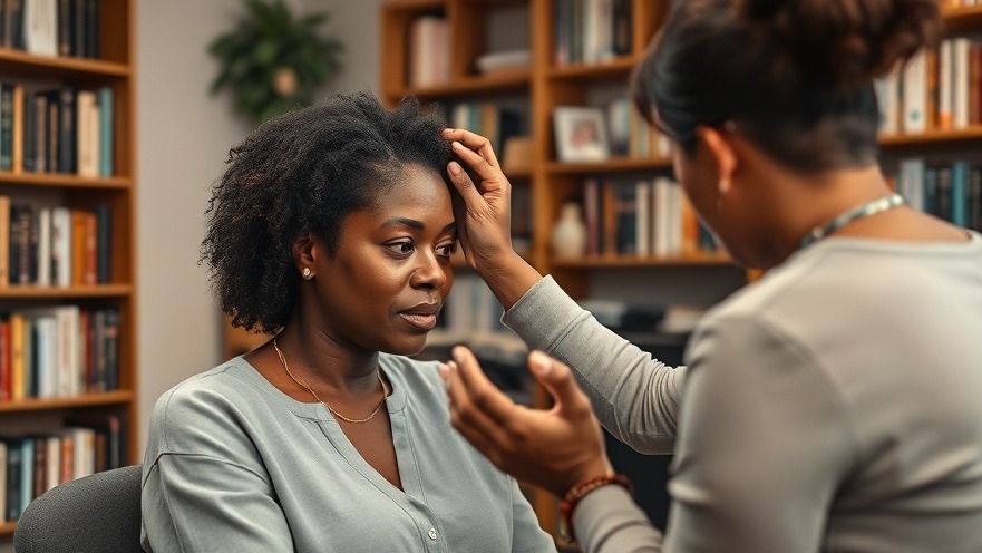 Middle-aged Black woman discusses hair health with stylist in cozy salon.