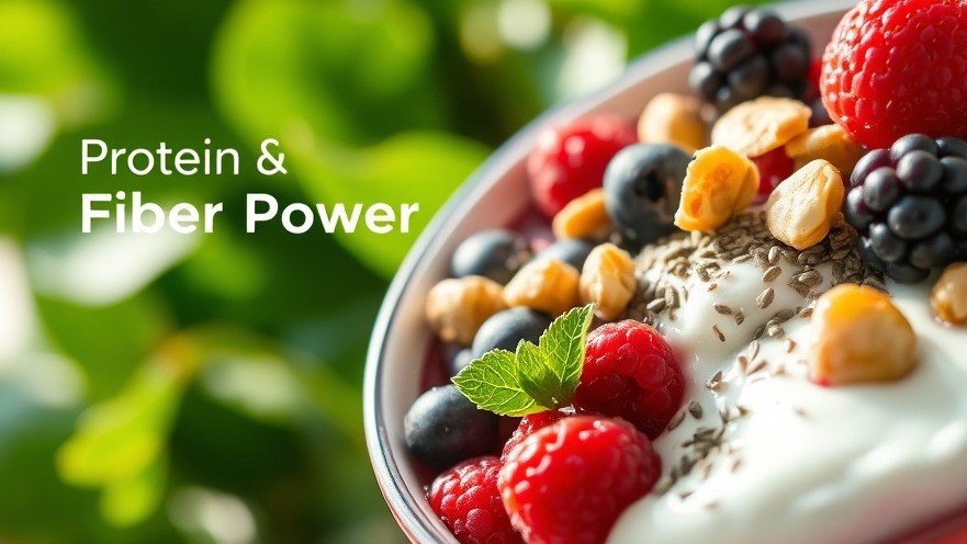 Healthy breakfast bowl of Greek yogurt, berries, and nuts showcasing Protein Fiber Power.