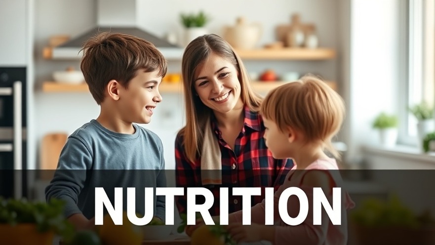 Mother teaching children about nutrition for healthspan in a vibrant kitchen.