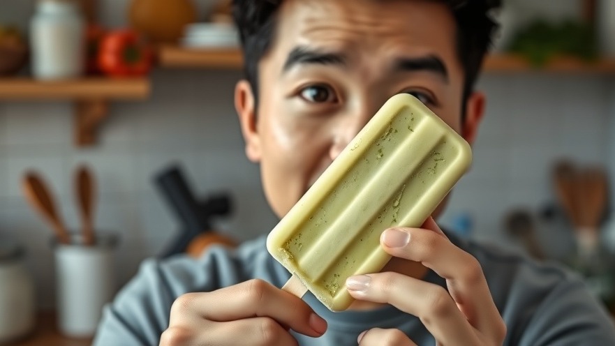 Asian man enjoying a homemade matcha popsicle in a vibrant kitchen, showcasing refreshing matcha recipes.