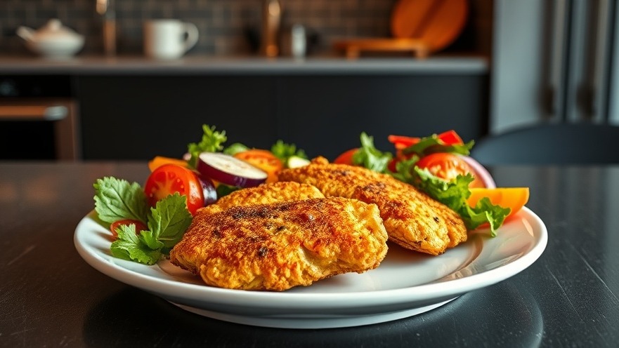Vibrant vegan fish dish with hearts of palm and colorful salad on a modern table.