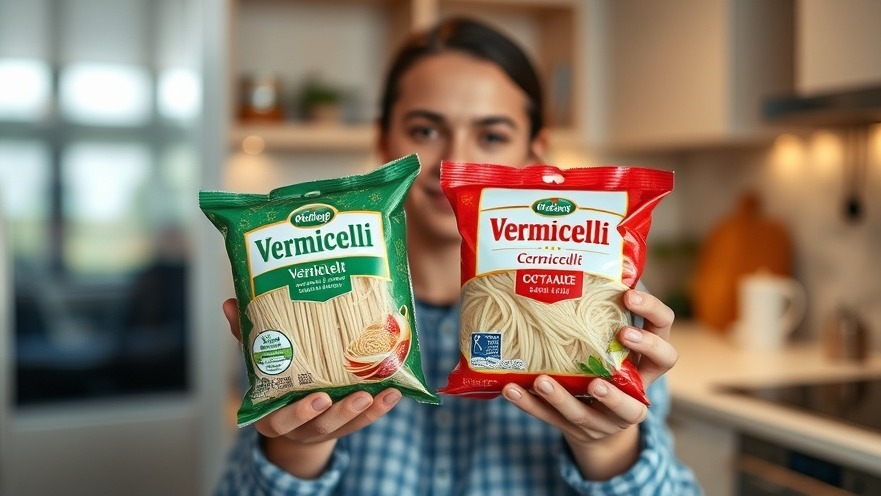 Person comparing types of vermicelli packaging in a modern kitchen.