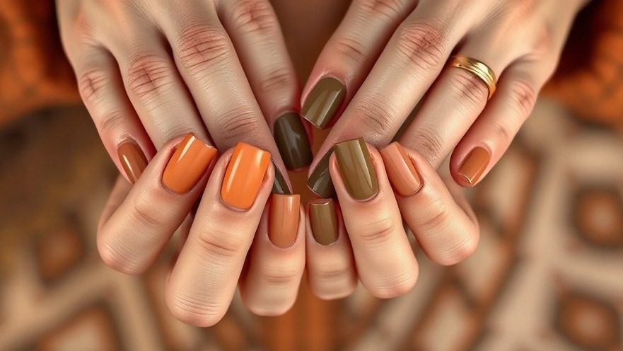 Earthy nail colors displayed on hands, showcasing nature-inspired nail shades with vibrant designs.