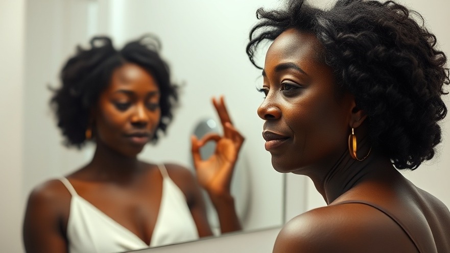 A 50-year-old Black woman reflecting on her emotional wellness journey before a mirror.