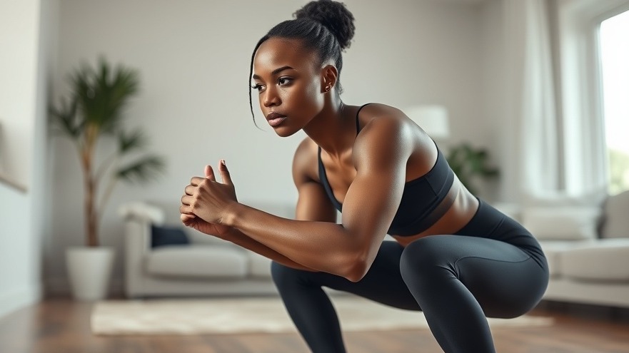 Athletic young Black woman performing a squat in a modern minimalist living room, showcasing benefits of movement for leg health.