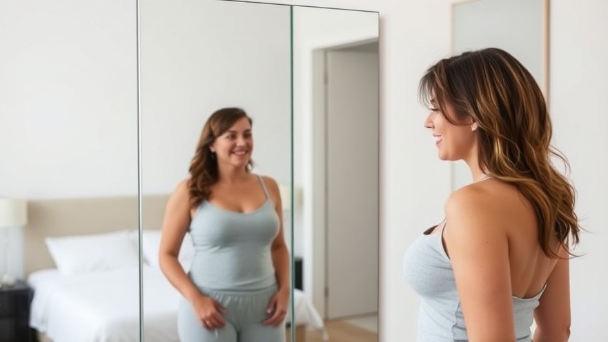 A person smiling at her reflection, showcasing weight loss progress in a modern bedroom.