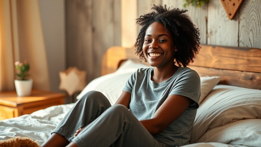 Relaxed Black woman enjoying mindfulness self-care practices in cozy autumn bedroom.