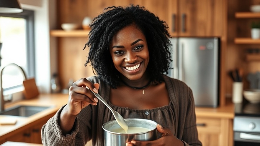 Black woman preparing creamy tahini sauce, showcasing vegan sauce recipes in a modern kitchen.
