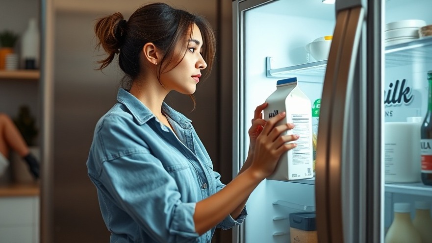 Young woman selecting plant-based milk options from a fridge in a modern kitchen.