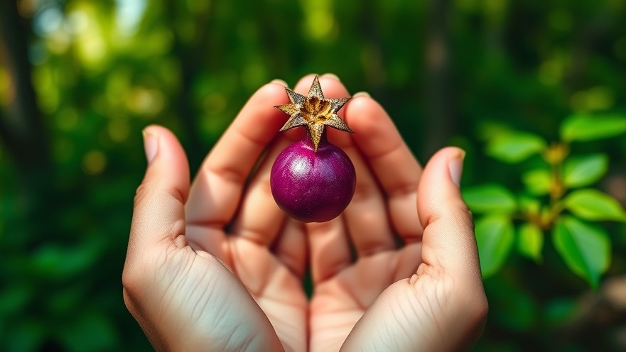 Curious hands hold a tiny purple berry against a lush forest, exploring culinary traditions.
