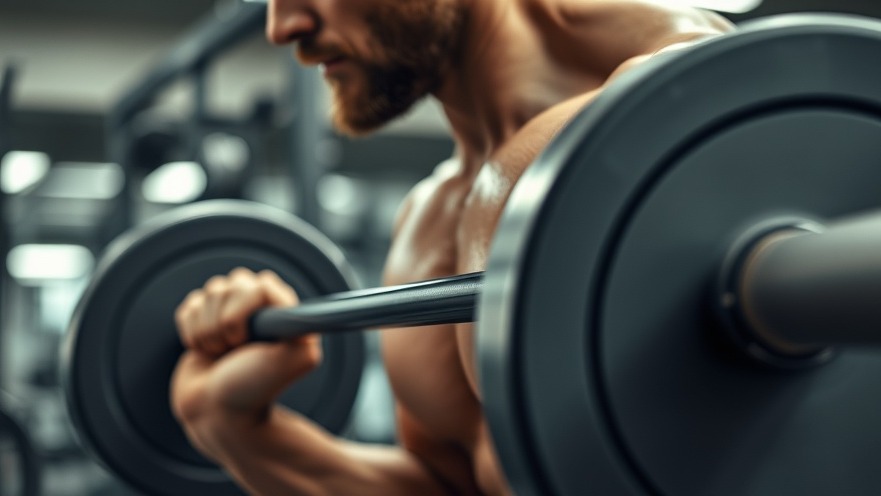 Close-up of muscular individual preparing for heavy barbell lift; creatine performance focus.