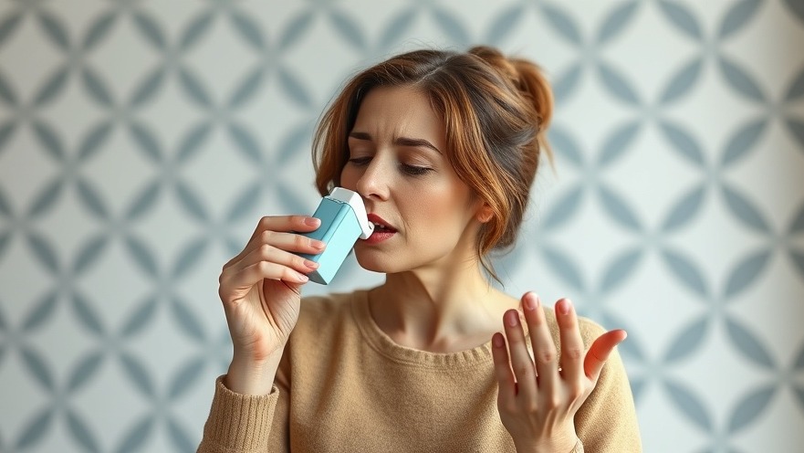 Woman using an inhaler indoors, highlighting asthma management and lung health.