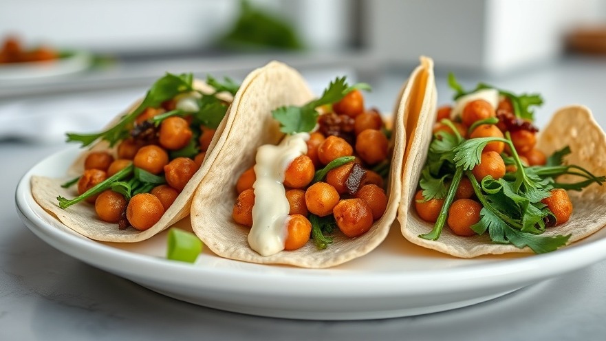 Healthy meal prep tacos with BBQ chickpeas and tahini in a minimalistic kitchen.