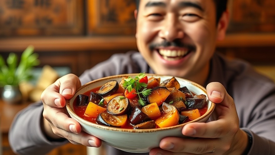Delighted man enjoys flavorful eggplant recipe in vibrant Cantonese-style sauce.