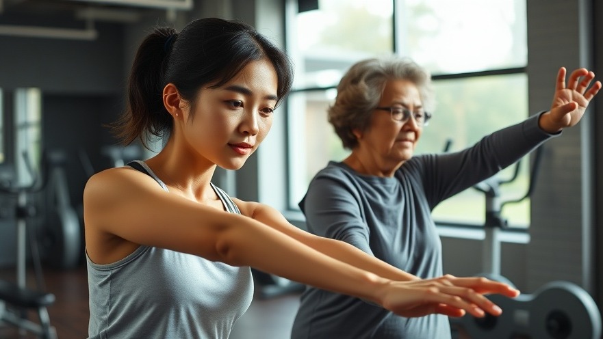 A young Asian woman and her mom practicing a family fitness routine with morning stretches in a well-lit gym.