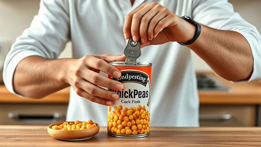 Asian man opening a can of chickpeas, showcasing quick chickpea meals in a cozy kitchen.