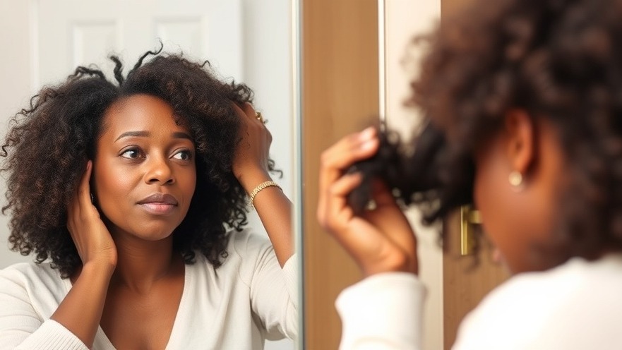 40-year-old Black woman assessing hair health, exploring hair loss solutions.