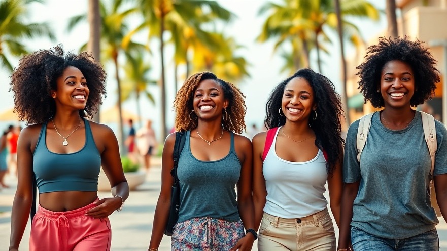 Joyful Black women enjoying mindful travel on a palm-lined beach street.
