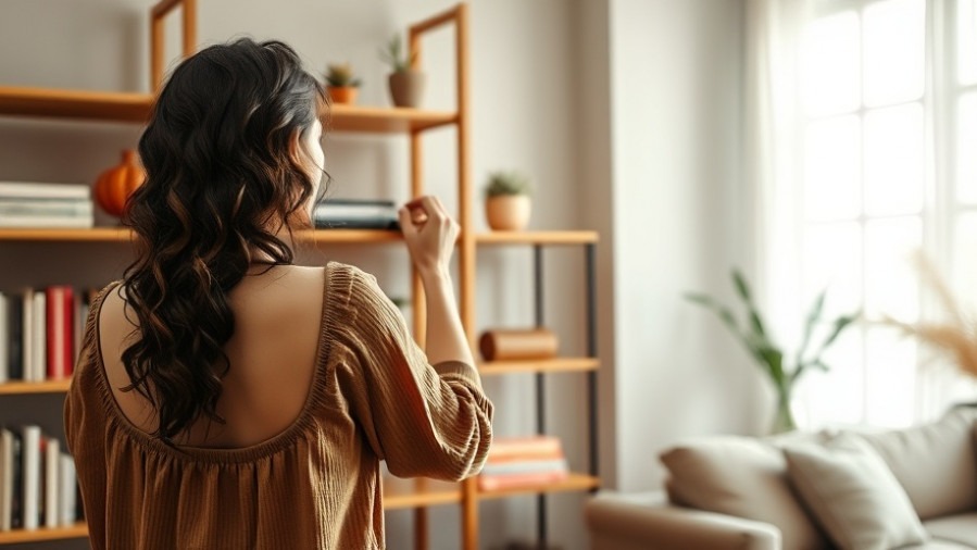 Elegant woman curating minimalist bookshelf decor, showcasing interior design inspiration.