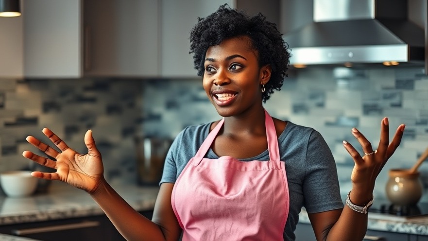 Expressive Black woman in pink apron giving health education on misdiagnosis prevention.