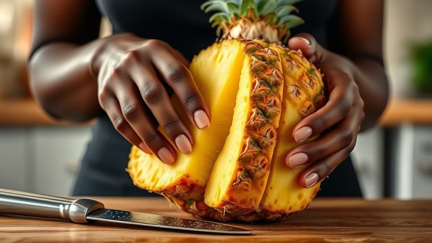 Close-up of Black woman's hands slicing fresh pineapple, highlighting its vibrant yellow color, ideal for pineapple nutrition.