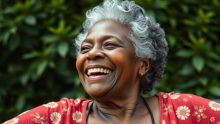 Joyful older Black woman surrounded by lush greenery, boosting oxytocin and emotional wellness.