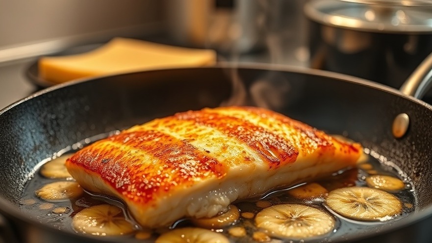 Golden-brown hearts of palm fish fillet sizzling, showcasing plant-based alternatives and healthy recipes.